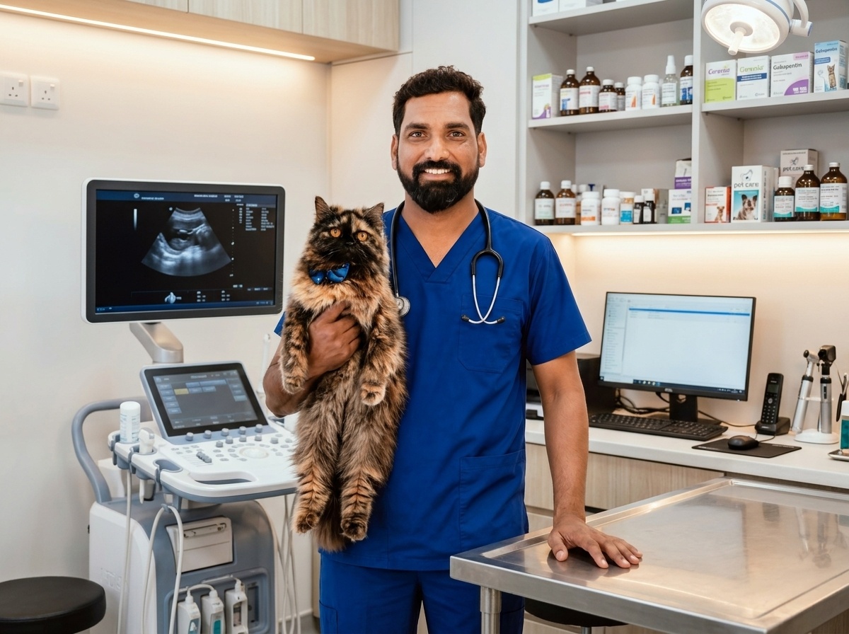 Dr. Srinivas Pulpa, Chief Veterinarian in blue scrub holding a cat in the modern clinical examination room at Pulpa's Veterinary Clinic, Kukatpally